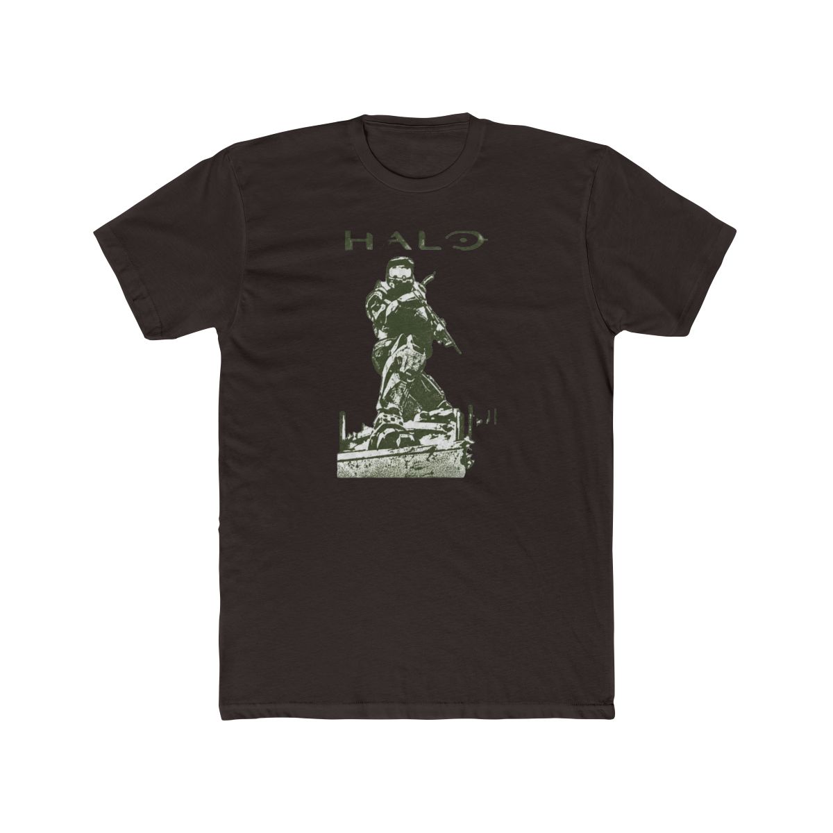 Black T Shirt with a green graphic of a kneeling soldier and the word "HALO". The design is printed on the front of the shirt. The text and illustration are in a military green colour - alternate angle 2, merchandise