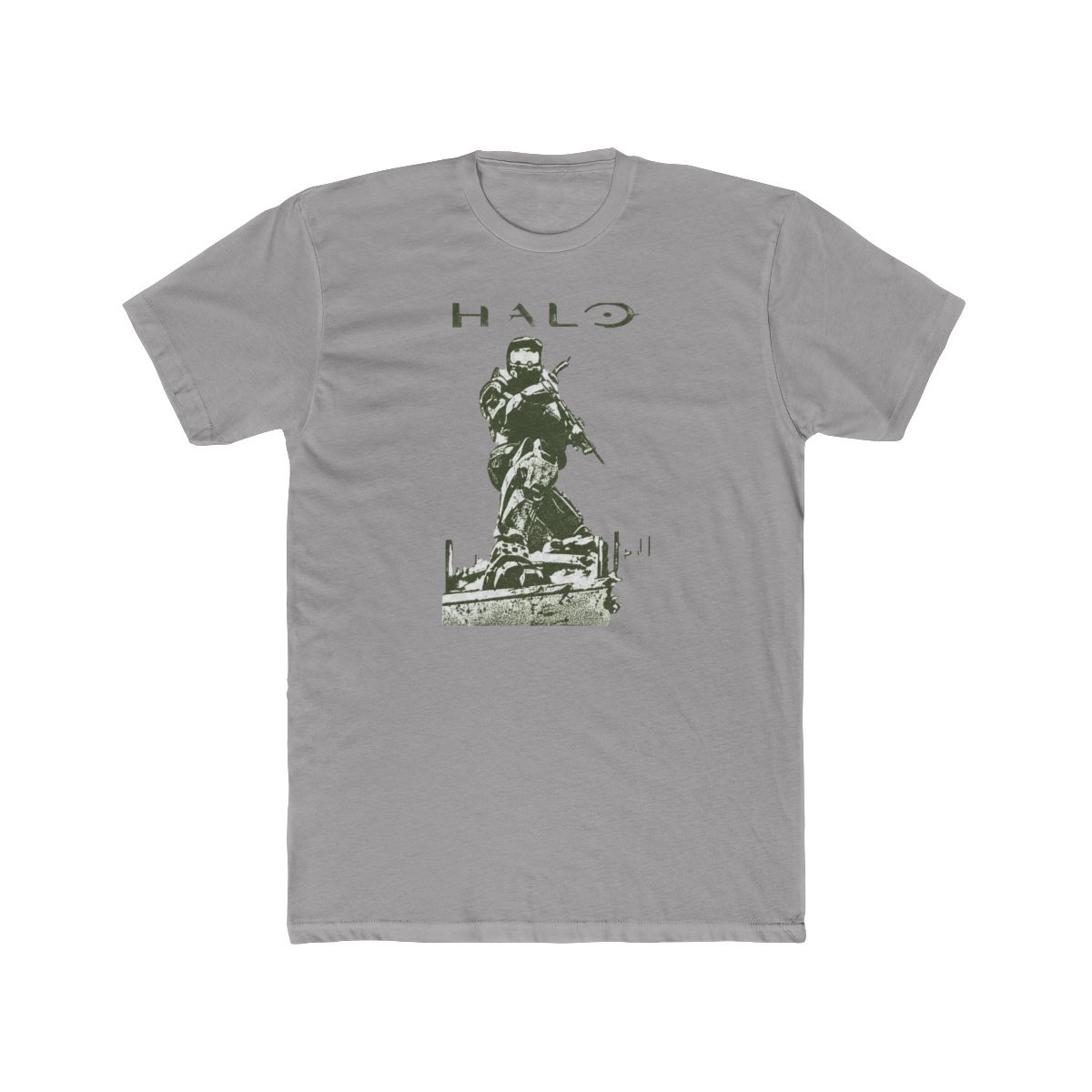 Black T Shirt with a green graphic of a kneeling soldier and the word "HALO". The design is printed on the front of the shirt. The text and illustration are in a military green colour