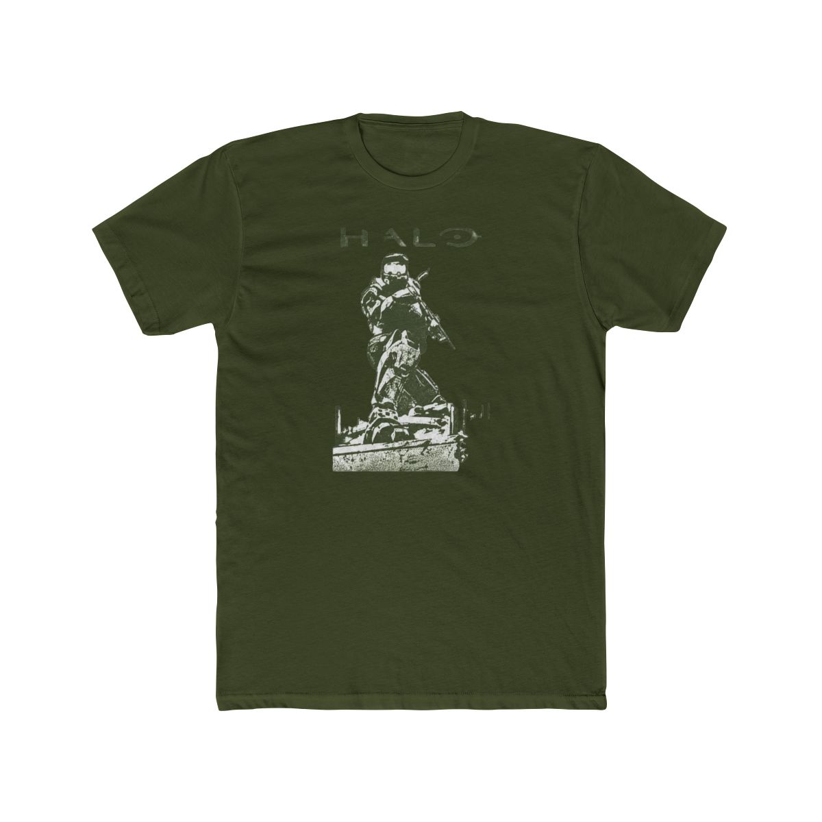 Black T Shirt with a green graphic of a kneeling soldier and the word "HALO". The design is printed on the front of the shirt. The text and illustration are in a military green colour - alternate angle 4, merchandise