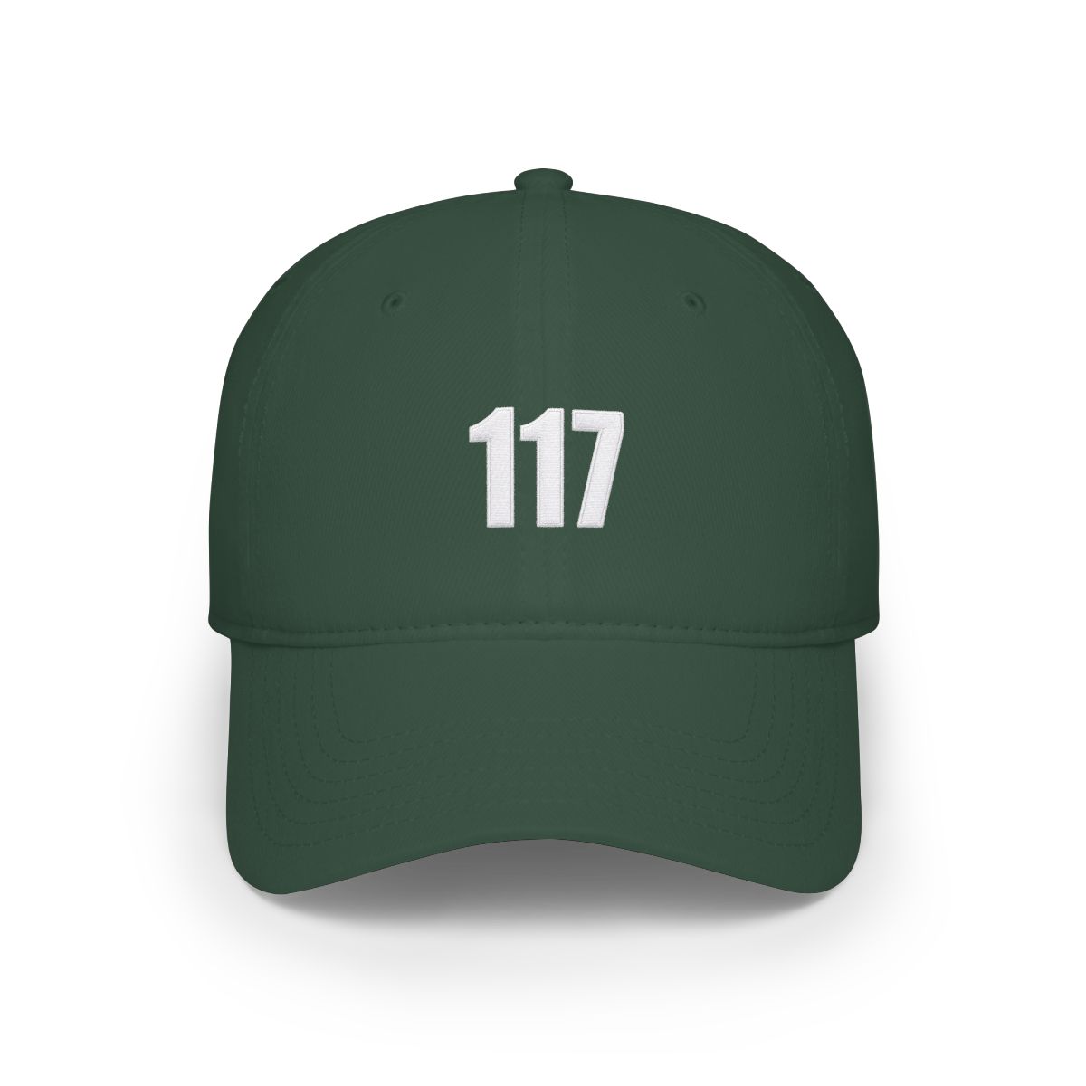 A green 5-panel cap with a white "117" on the front. The cap is on a white surface