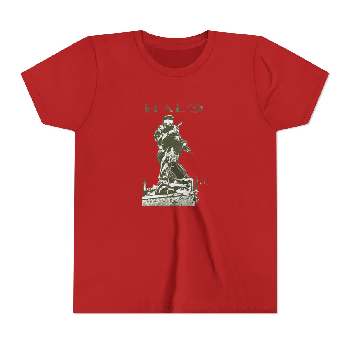 Black T Shirt with a green graphic of a kneeling soldier and the word "HALO". The design is printed on the front of the shirt. The text and illustration are in a military green colour (Kids)