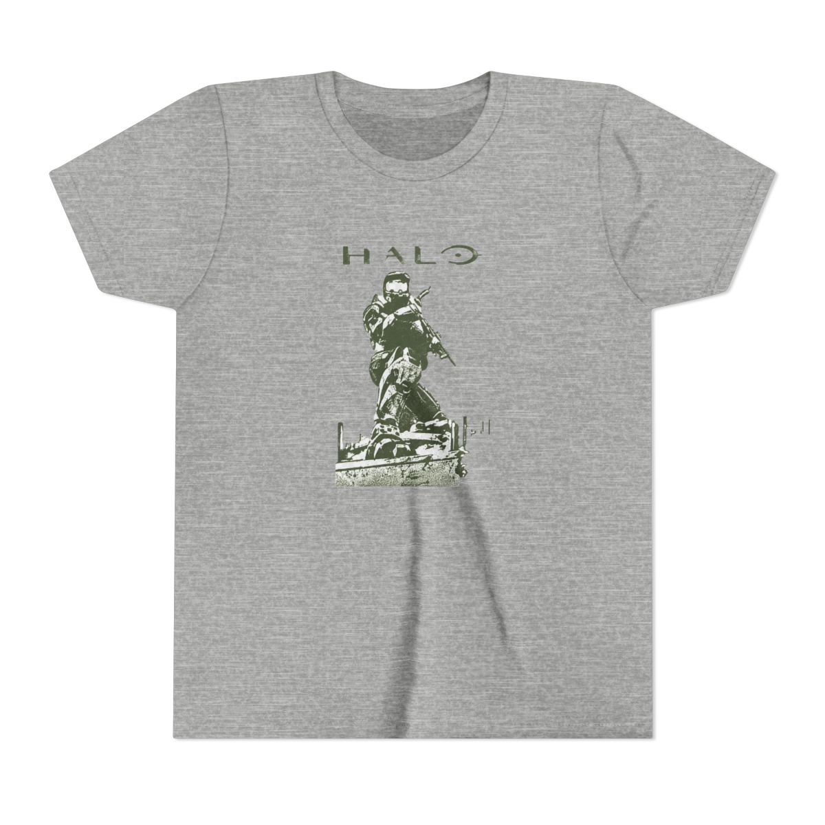Black T Shirt with a green graphic of a kneeling soldier and the word "HALO". The design is printed on the front of the shirt. The text and illustration are in a military green colour (Kids) - alternate angle 3, merchandise