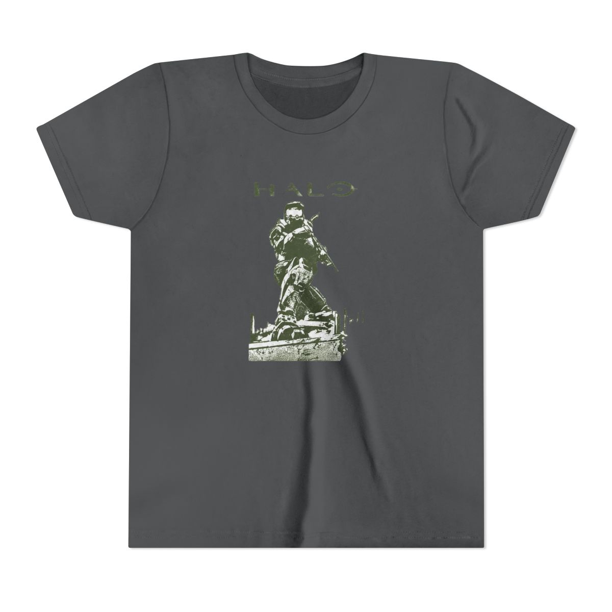 Black T Shirt with a green graphic of a kneeling soldier and the word "HALO". The design is printed on the front of the shirt. The text and illustration are in a military green colour (Kids) - alternate angle 5, merchandise
